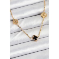 316L Çelik Zincir Gold Renk Siyah ve Zirkon Taşlı Baby Boy Yonca Kadın Kolye TJ-BKO10592