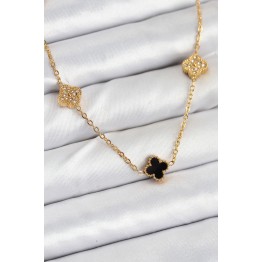 316L Çelik Zincir Gold Renk Siyah ve Zirkon Taşlı Baby Boy Yonca Kadın Kolye TJ-BKO10592