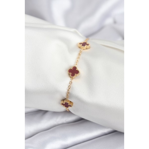 316L Çelik Gold Renk Bordo Baby Boy Yonca Kadın Bileklik - TJ-BB7950