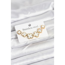 316L Çelik Gold Beyaz Renk 3 Boy Yonca Küpe Seti TJ-BKP11237