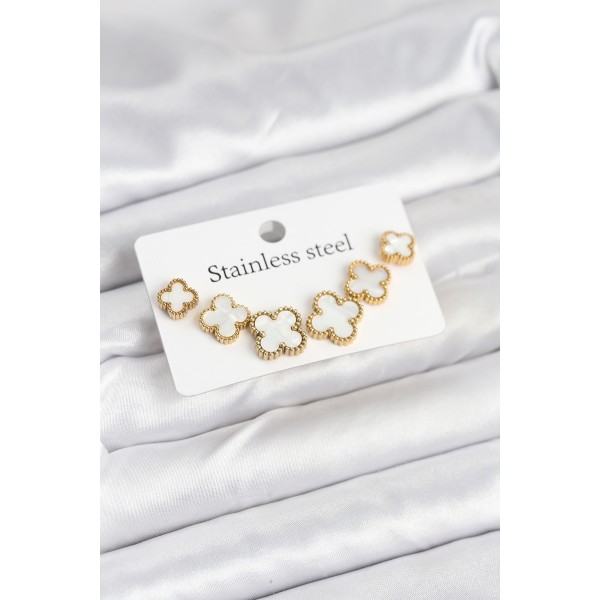 316L Çelik Gold Beyaz Renk 3 Boy Yonca Küpe Seti TJ-BKP11237