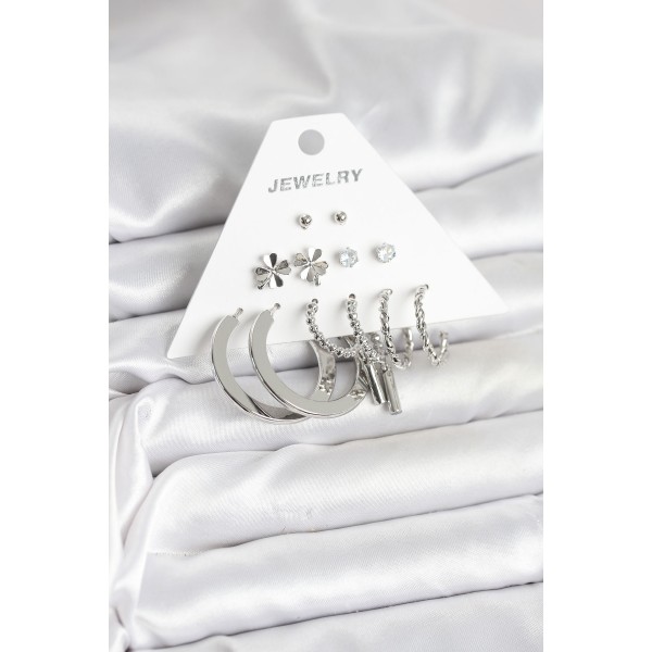 Pirinç Gümüş Renk 6 Çift Kadın Küpe Seti TJ-BKP11332