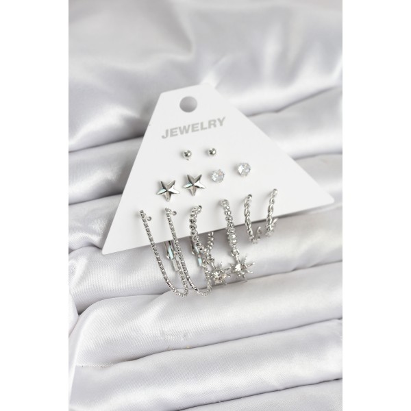 Pirinç Gümüş Renk Küpe Seti 6'lı TJ-BKP11334