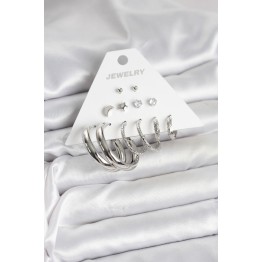 Pirinç Gümüş Renk Halka Modelli 6 Çift Kadın Küpe TJ-BKP11335
