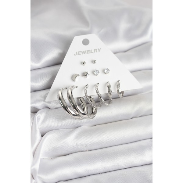 Pirinç Gümüş Renk Halka Modelli 6 Çift Kadın Küpe TJ-BKP11335