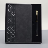 Desenli Siyah Deri Defter Kalem Set