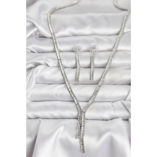 Gümüş Renk Baget Zirkon Taşlı Kadın Kolye Küpe Set TJ-BKO10637