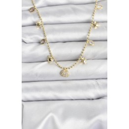 Pirinç Gold Renk Zirkon Taşlı Deniz Kabuğu Model Kadın Kolye TJ-BKO10646