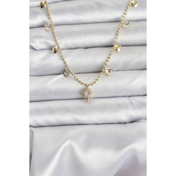 Zirkon Taşlı Kutup Yıldızı Model Pirinç Gold Renk Kadın Kolye TJ-BKO10648
