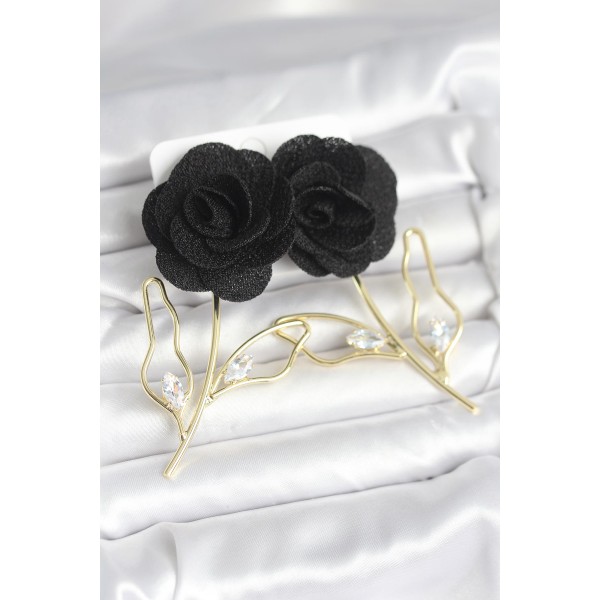 Pirinç Gold Renk Siyah Gül Model Kadın Küpe TJ-BKP11369