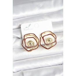 Pirinç Gold Renk Bordo Mineli Geometrik Gül Model Kadın Küpe TJ-BKP11374