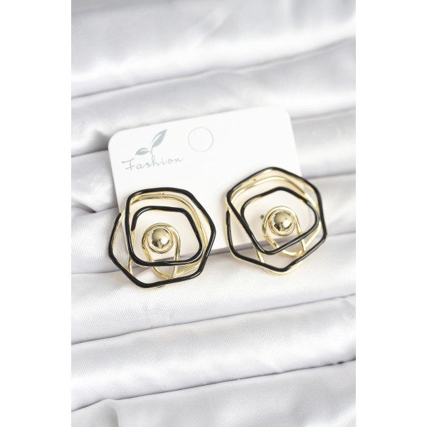 Pirinç Gold Renk Siyah Mineli Geometrik Gül Model Kadın Küpe TJ-BKP11376