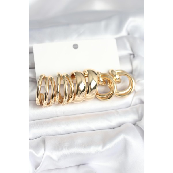 Pirinç Gold Renk 3 Çift Vintage Kadın Küpe Seti TJ-BKP11382