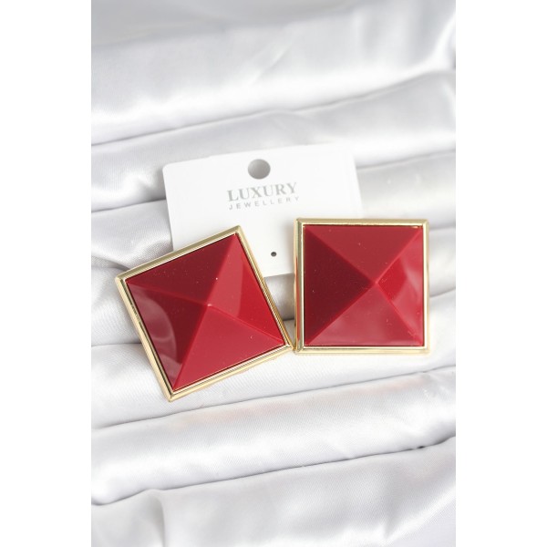 Pirinç Gold Renk Bordo Piramit Model Kadın Küpe TJ-BKP11384