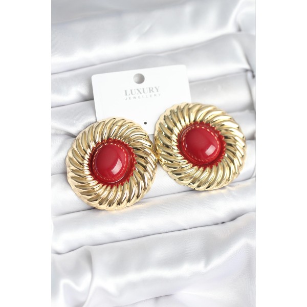 Pirinç Gold Renk Bordo Boncuklu Vintage Kadın Küpe TJ-BKP11389