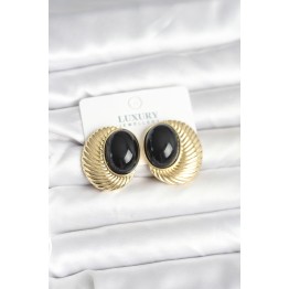 Pirinç Gold Renk Siyah Boncuklu Oval Vintage Kadın Küpe TJ-BKP11390