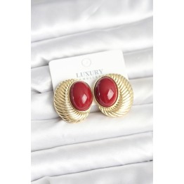 Pirinç Gold Renk Bordo Boncuklu Oval Vintage Kadın Küpe TJ-BKP11391