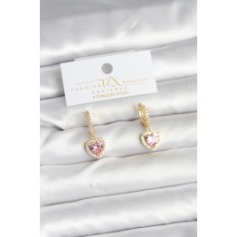 Pirinç Gold Pembe Renk Zirkon Taşlı Kalp Model Kadın Küpe TJ-BKP11393