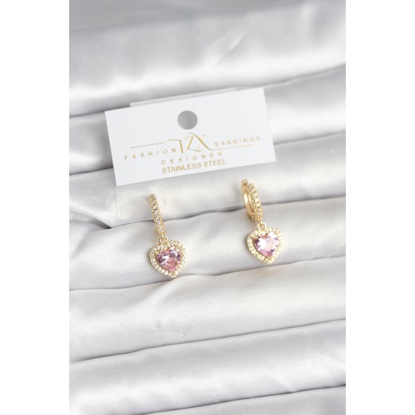 Pirinç Gold Pembe Renk Zirkon Taşlı Kalp Model Kadın Küpe TJ-BKP11393