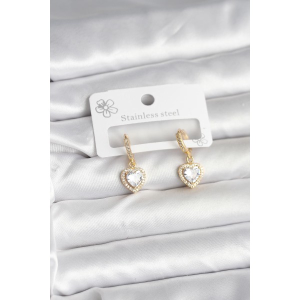 Pirinç Gold Renk Zirkon Taşlı Kalp Model Kadın Küpe TJ-BKP11394