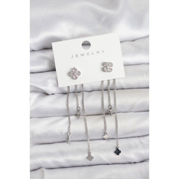 Pirinç Gümüş Renk Yonca Model Sallantılı Kadın Küpe TJ-BKP11454