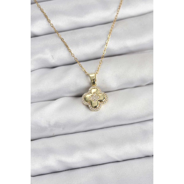 316L Çelik Zincir Gold Renk Zirkon Taşlı Yonca Model Kadın Kolye TJ-BKO10767
