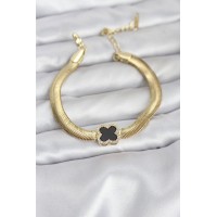 316L Çelik Gold Renk Siyah Yonca Model Zirkon Taşlı Yılan Zincirli Kadın Bileklik TJ-BB8156
