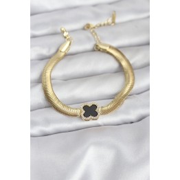 316L Çelik Gold Renk Siyah Yonca Model Zirkon Taşlı Yılan Zincirli Kadın Bileklik TJ-BB8156