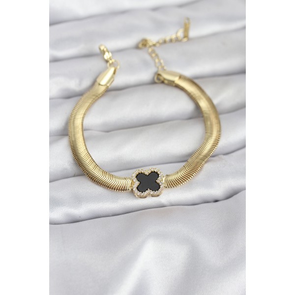 316L Çelik Gold Renk Siyah Yonca Model Zirkon Taşlı Yılan Zincirli Kadın Bileklik TJ-BB8156