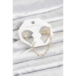 Yıldız Model Pirinç Gold Renk Zincir Bağlantılı Ear Cuff Küpe Seti TJ-BKP11545
