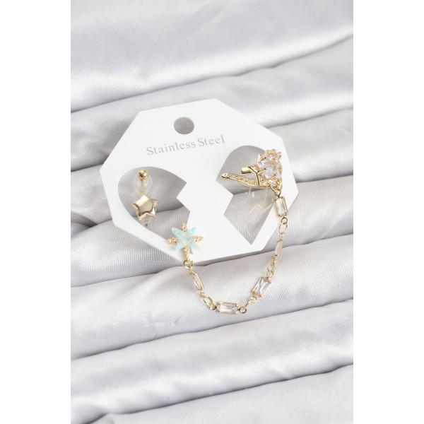 Yıldız Model Pirinç Gold Renk Zincir Bağlantılı Ear Cuff Küpe Seti TJ-BKP11545