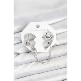 Pirinç Gümüş Renk Yılan Model Zincir Bağlantılı Ear Cuff Küpe Seti TJ-BKP11533