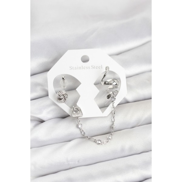 Pirinç Gümüş Renk Yılan Model Zincir Bağlantılı Ear Cuff Küpe Seti TJ-BKP11533