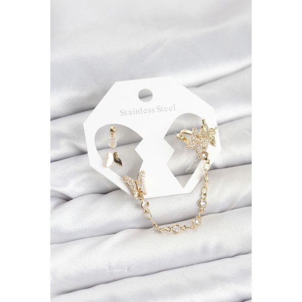 Pirinç Gold Renk Model Zincir Bağlantılı Ear Cuff Küpe Seti TJ-BKP11534