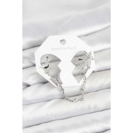 Pirinç Gümüş Renk Model Zincir Bağlantılı Ear Cuff Küpe Seti TJ-BKP11535