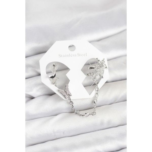 Pirinç Gümüş Renk Model Zincir Bağlantılı Ear Cuff Küpe Seti TJ-BKP11535