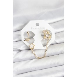 Pirinç Gold Renk Yıldız Model Zincir Bağlantılı Ear Cuff Küpe Seti TJ-BKP11538