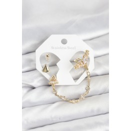 Pirinç Gold Renk Yıldızlı Model Zincir Bağlantılı Ear Cuff Küpe Seti TJ-BKP11540