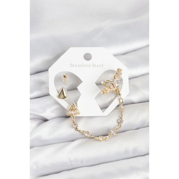 Pirinç Gold Renk Yıldızlı Model Zincir Bağlantılı Ear Cuff Küpe Seti TJ-BKP11540