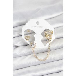 Pirinç Gold Renk Kalp Model Zincir Bağlantılı Ear Cuff Küpe Seti TJ-BKP11541