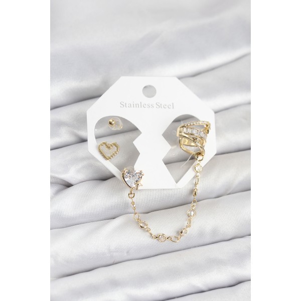Pirinç Gold Renk Kalp Model Zincir Bağlantılı Ear Cuff Küpe Seti TJ-BKP11541