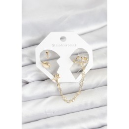 Pirinç Gold Renk Uzay Model Zincir Bağlantılı Ear Cuff Küpe Seti TJ-BKP11542