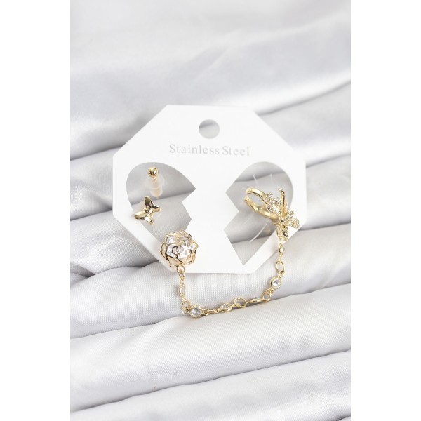 Pirinç Gold Renk Kelebekli Model Zincir Bağlantılı Ear Cuff Küpe Seti TJ-BKP11543