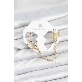 Kelebekli Model Pirinç Gold Renk Zincir Bağlantılı Ear Cuff Küpe Seti TJ-BKP11544