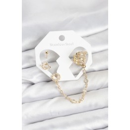 Uzay Model Pirinç Gold Renk Zincir Bağlantılı Ear Cuff Küpe Seti TJ-BKP11546