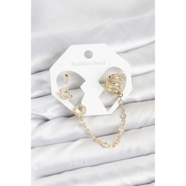 Uzay Model Pirinç Gold Renk Zincir Bağlantılı Ear Cuff Küpe Seti TJ-BKP11546