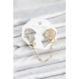 Kalp Yıldız Model Pirinç Gold Renk Zincir Bağlantılı Ear Cuff Küpe Seti TJ-BKP11547