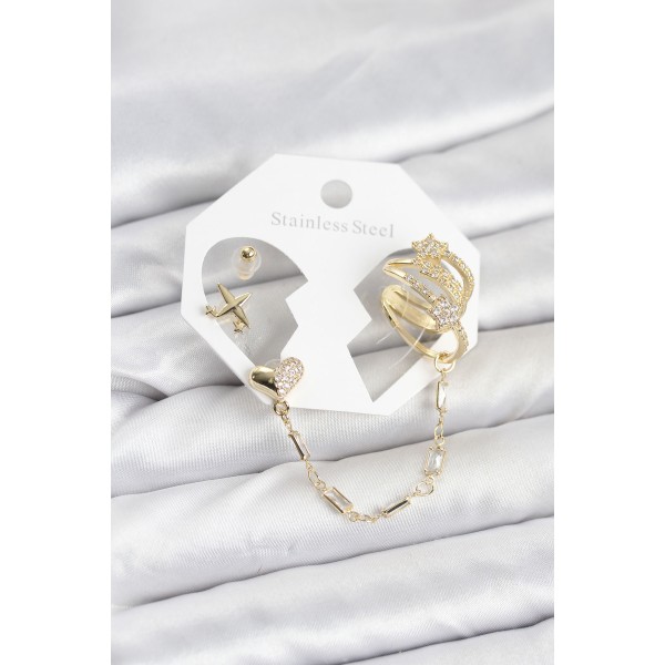 Kalp Yıldız Model Pirinç Gold Renk Zincir Bağlantılı Ear Cuff Küpe Seti TJ-BKP11547