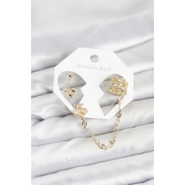 Kiraz Model Pirinç Gold Renk Zincir Bağlantılı Ear Cuff Küpe Seti TJ-BKP11549