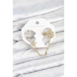 Kutup Yıldızı Model Pirinç Gold Renk Zincir Bağlantılı Ear Cuff Küpe Seti TJ-BKP11550